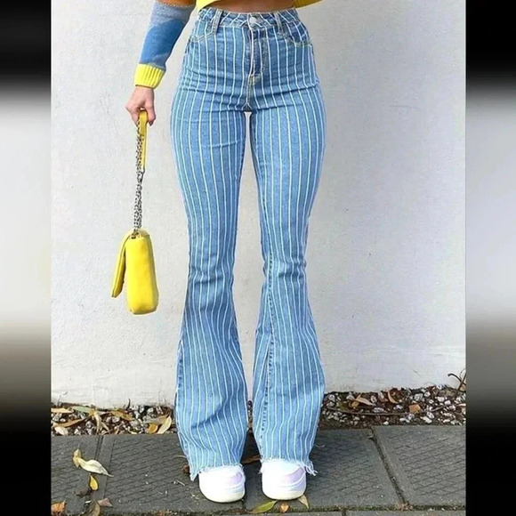 Fashionable StripedTight-Fitting Denim Flared JeansWith Fringed Hem Detali - Picture 1 of 4